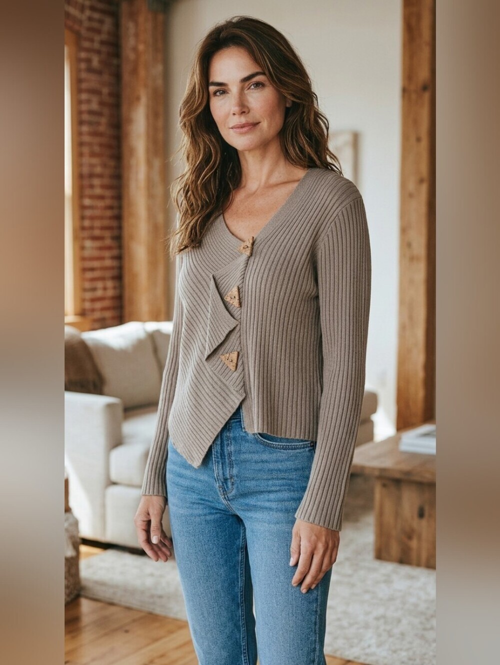 Taupe Asymmetrical Ribbed Women’s Cardigan